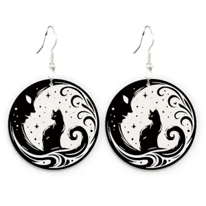 Gothic style black cat moonlit night wooden dangle earrings, unique round design jewelry.