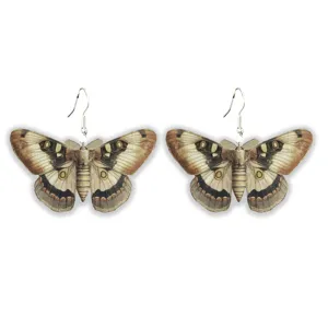 Gothic moth wooden earrings detail shot, vintage insect drop earrings for women daily wear.