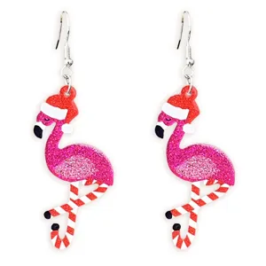 Wunderschöne Weihnachtsglitzer Flamingo Ohrringe mit roter Mütze und Zuckerstangen Beinen.