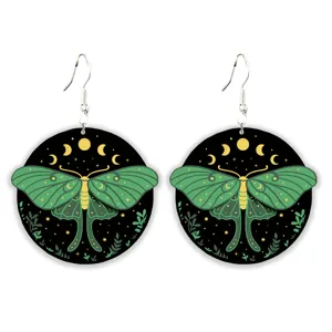 Gothic green luna moth earrings celestial moon phase wooden drop earrings for women girls