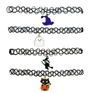 Halloween Choker Necklace For Kids Black Elastic Lace Choker Witch Ghost Pumpkin Moon Witch Hat Pendant Alloy Gothic Jewelry
