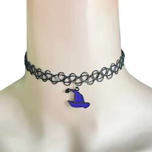 Close-up detail of the black tattoo choker necklace featuring a cute purple witch hat pendant.