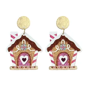 Weihnachten lebkuchenhaus ohrringe glitzer acryl rosa herz süßer feiertag schmuck geschenk.