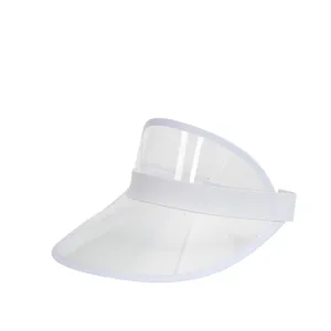Klares PVC Sonnenvisier Detail mit transparenter Krempe und weißem verstellbarem Kopfband.