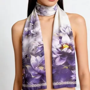 Detailed view of the elegant purple lotus printed long silk scarf, soft and delicate texture.