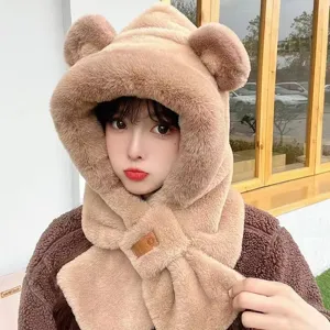 Suesse Pluesch Baerenohren Kapuzenschal Winter warmer dicker Fleecehut fuer Frauen