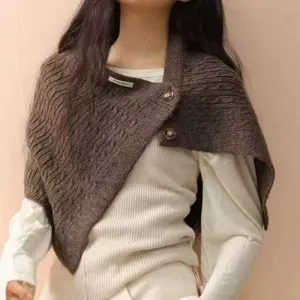 Korean style cable knit asymmetrical shawl cape versatile warm buttoned winter clothing