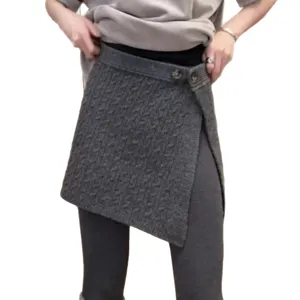 Korean style grey knit wrap skirt with cable pattern and side buttons, stylish wool mini skirt.