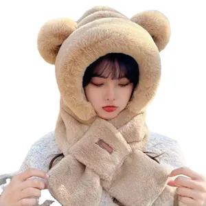 Niedlicher Bärenohr Plüsch Kapuzenschal Winter warm dicke flauschige Mütze für Damen Alltag