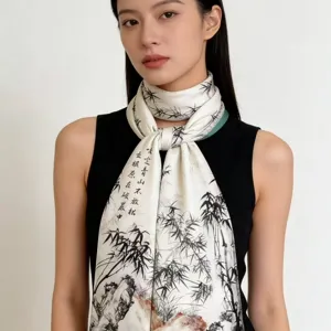 Elegant silk scarf featuring traditional ink wash bamboo print and calligraphy. Perfect for women.