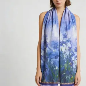 Elegant blue floral printed long silk scarf for women, lightweight stylish shawl for daily wear.