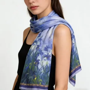 Elegant blue floral print long silk scarf, lightweight fashion shawl for women daily wear.