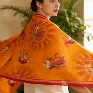 Elegant orange printed silk scarf long shawl for women stylish traditional cultural fashion wrap