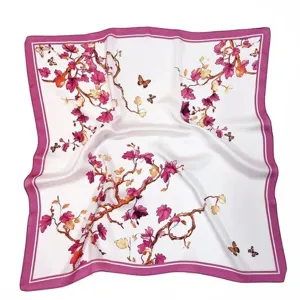 Elegant vintage floral butterfly print square silk scarf for women daily fashion accessory.