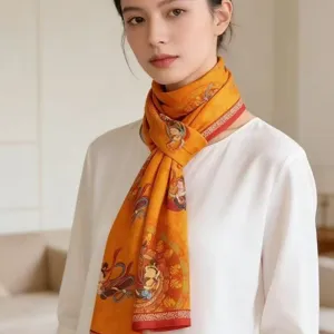 Elegant long silk scarf for women featuring exquisite Dunhuang cultural art print design.