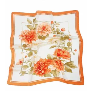 Vintage floral square silk scarf with elegant orange border design for women fashion.