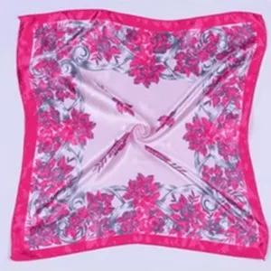 Elegant pink floral silk square scarf, classic printed neckerchief for women fashion styling.