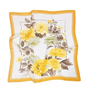 Retro floral print square silk scarf, elegant womens small neckerchief for daily fashion wear.