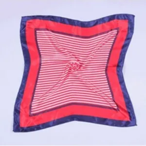 Detailed view of the women's square silk scarf featuring a stylish blue and red striped pattern.