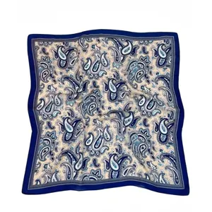 Classic blue paisley square silk scarf, vintage elegant fashion neckerchief for women.