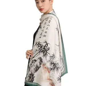 Elegant printed silk scarf for women, Chinese ink bamboo long shawl, lightweight accessory.