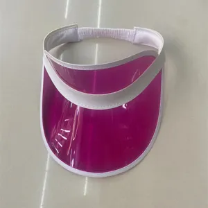 Transparent pink PVC sun visor hat for women, clear brim with white trim and elastic back.