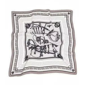 Classic black and white printed square scarf elegant retro horse harness design silk feel neckerchief