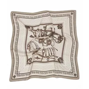 Elegant retro square silk scarf with classic equestrian print, stylish women accessory.