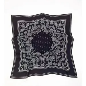 Vintage black and white paisley print square silk scarf, elegant accessory for women.
