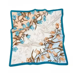 Korean style retro floral print square silk scarf, elegant women neckerchief for daily.