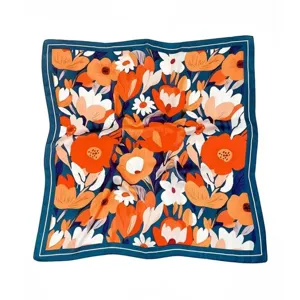 Vintage floral print square silk scarf with bold orange flowers and chic dark blue border.