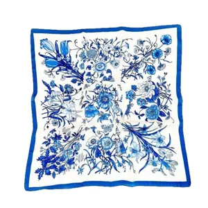 Elegant blue and white floral square silk scarf for women, retro botanical print neckerchief.