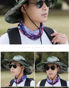 Detailed view of men outdoor camouflage sun hat with wide brim for hiking and beach wear.