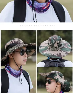 Detail view of men's outdoor camouflage bucket hat featuring wide brim and breathable mesh.