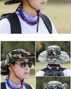 Men's outdoor camo bucket hat with wide brim and face cover for hiking, camping and beach.