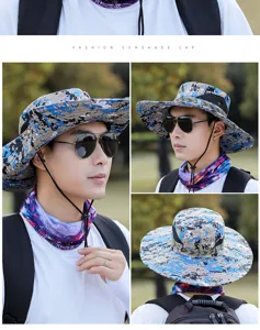 Detailed view of men's camouflage sun hat showcasing wide brim, breathable mesh and adjustable chin cord.