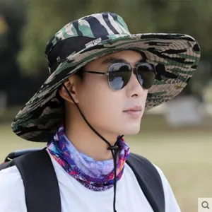 Men's outdoor camouflage bucket hat with wide brim, breathable mesh and wind cord for hiking beach.