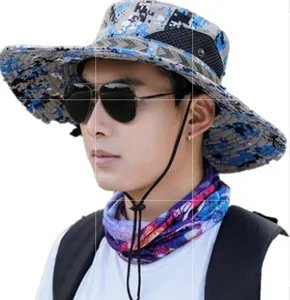 Men's outdoor camouflage bucket hat with wide brim, breathable mesh and chin strap.