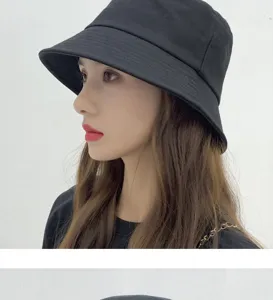 Classic black bucket hat for women men, pure color cotton fisherman cap sun protection sun hat