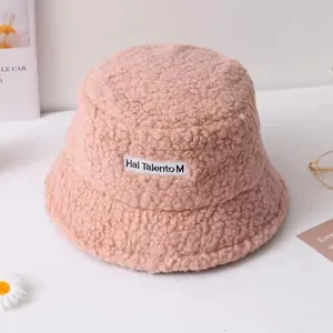 Pink fluffy bucket hat for women winter warm plush fisherman cap cute lamb wool hat style