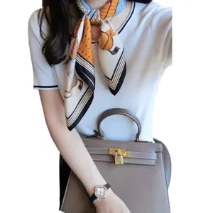 Chic 70cm square silk scarf for women, elegant printed neckerchief, versatile fashion accessory.