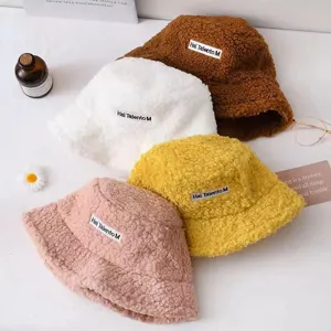 Cozy lamb wool bucket hat for women winter warm plush fisherman cap trendy solid color hat.