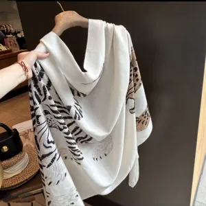 Detailed view of luxury women retro leopard print silk scarf fashion shawl, elegant style.