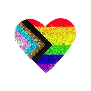 Broche cœur pailleté arc-en-ciel, badge drapeau progress pride pour festival et événements.