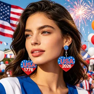 USA 1776 to 2026 250th Anniversary Heart Shaped Patriotic Earrings for Independence Day
