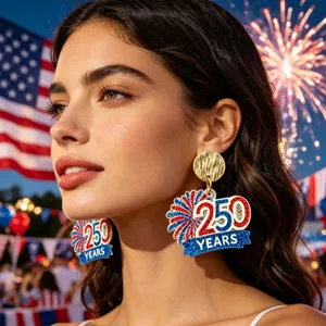 US 250th Independence Day Celebration Earrings 1776-2026 Red White Blue Fireworks Dangles
