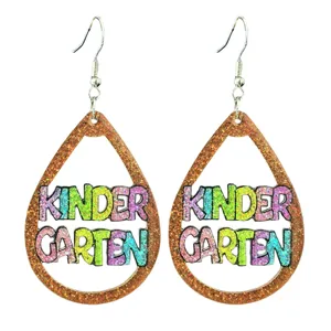Cute glitter kindergarten teacher teardrop earrings, colorful wooden drop earrings for school.