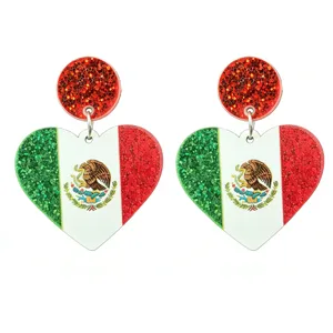Mexican flag heart earrings with red glitter top stud, stylish resin fashion jewelry.