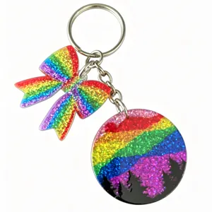 Colorful glitter rainbow bow and scenic round pendant keychain cute bag charm set accessory