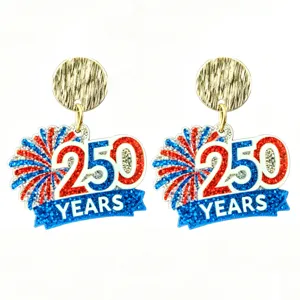 USA 250th Independence Day celebration theme acrylic glitter dangle earrings with fireworks design.